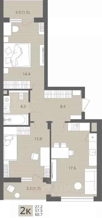 2-к кв. Калининградская область, Пионерский пос. Рыбное,  (60.7 м) - Фото 1