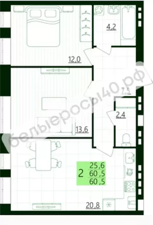 2-к кв. Калужская область, Калуга ул. Белые Росы, 5 (60.5 м) - Фото 2