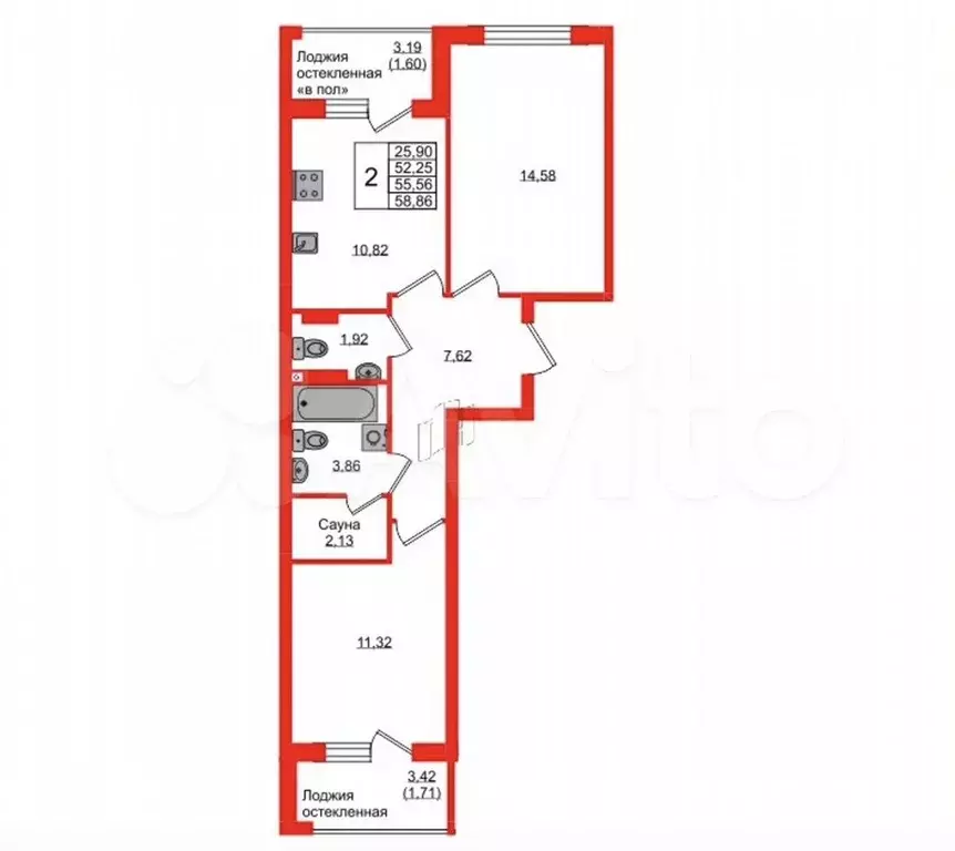 2-к. квартира, 55,6 м, 9/9 эт. - Фото 1