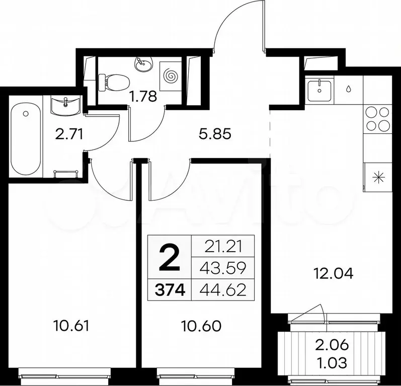 2-к. квартира, 44,6 м, 8/9 эт. - Фото 0