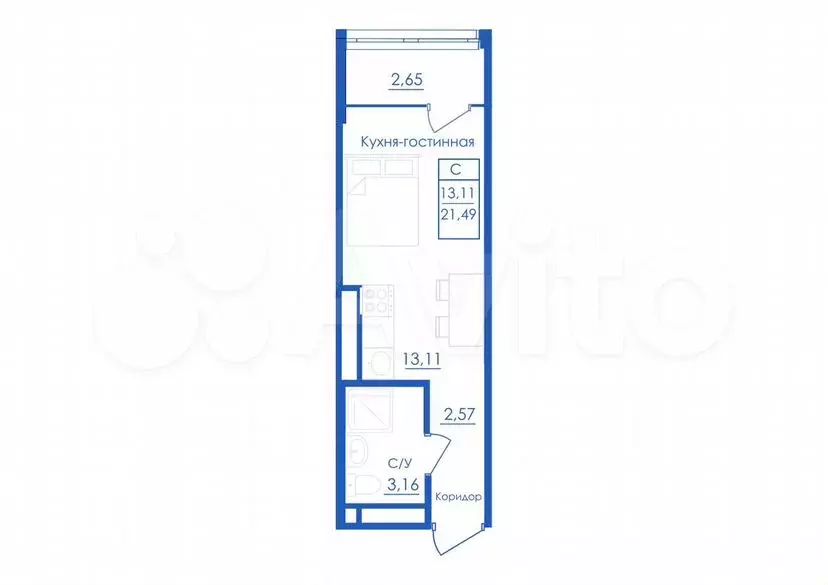 Квартира-студия, 21,5м, 7/25эт. - Фото 1