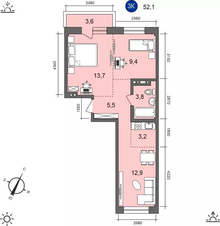 3-комнатная квартира: Иркутск, Старо-Кузьмихинская улица, 36/1 (52.1 ... - Фото 0