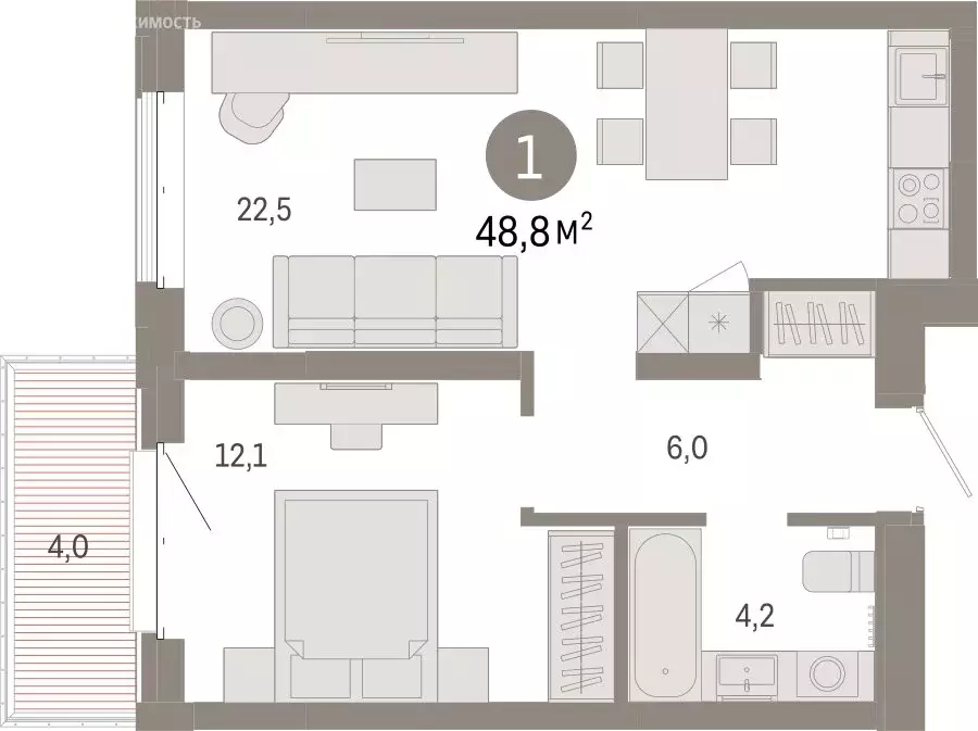 1-комнатная квартира: Тюмень, жилой комплекс На Минской (48.77 м) - Фото 1