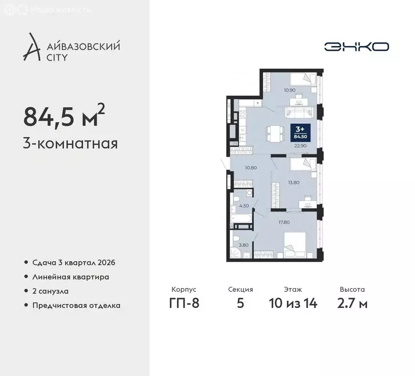 3-комнатная квартира: Тюмень, жилой комплекс Айвазовский Сити (84.5 м) - Фото 0