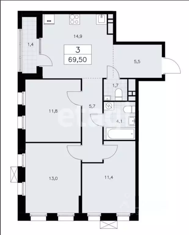 3-к кв. Москва Дзен-кварталы жилой комплекс, 1.3 (70.0 м) - Фото 1