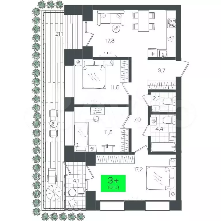 3-к. квартира, 101 м, 1/8 эт. - Фото 0