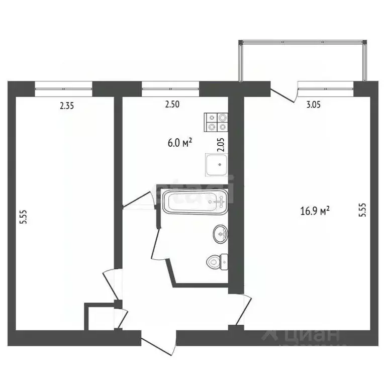 2-к кв. Тюменская область, Тюмень ул. 50 лет Октября, 43 (43.4 м) - Фото 2