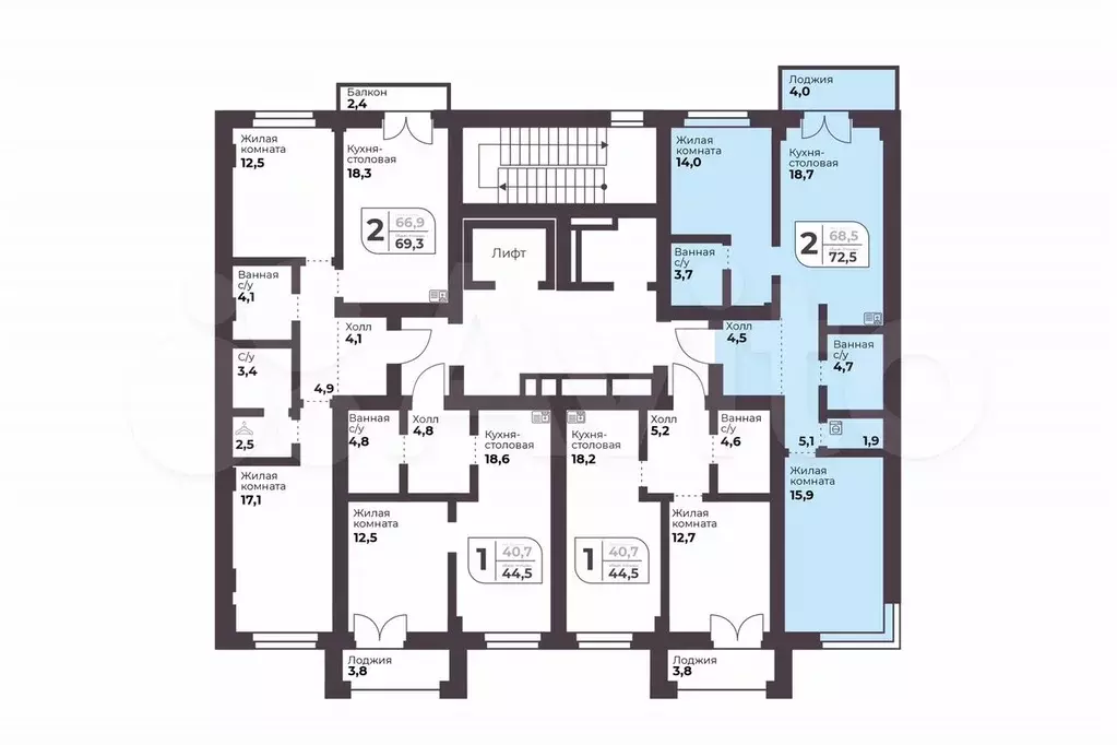 2-к. квартира, 68,5 м, 8/9 эт. - Фото 1