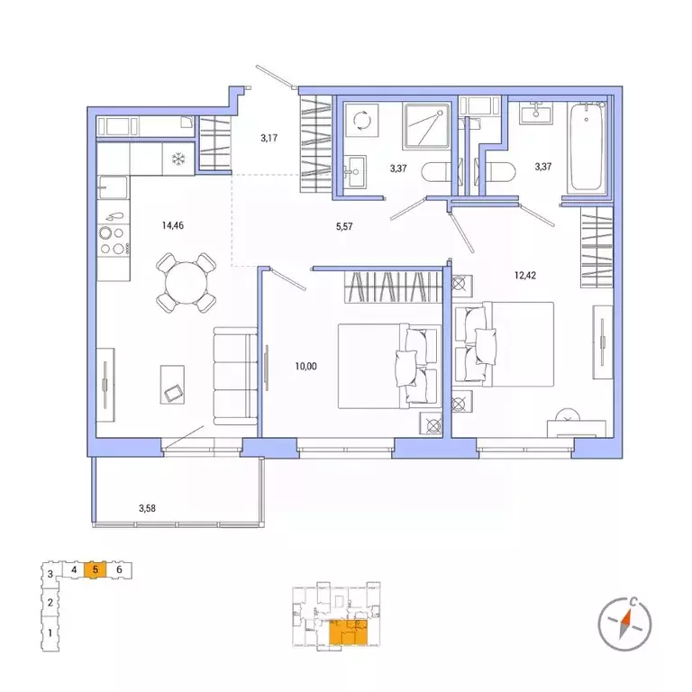 2-к кв. Санкт-Петербург Окла жилой комплекс (53.43 м) - Фото 0