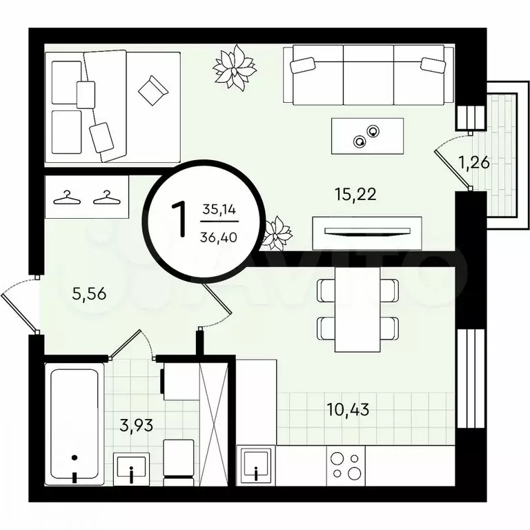 1-к. квартира, 36,4 м, 4/4 эт. - Фото 0