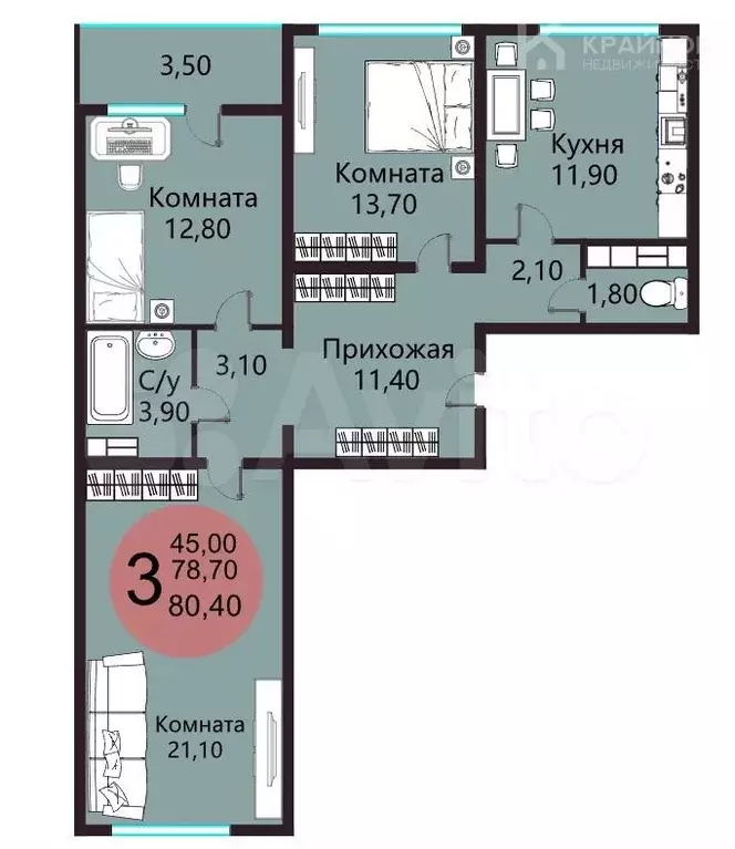 3-к. квартира, 80,4 м, 11/17 эт. - Фото 0