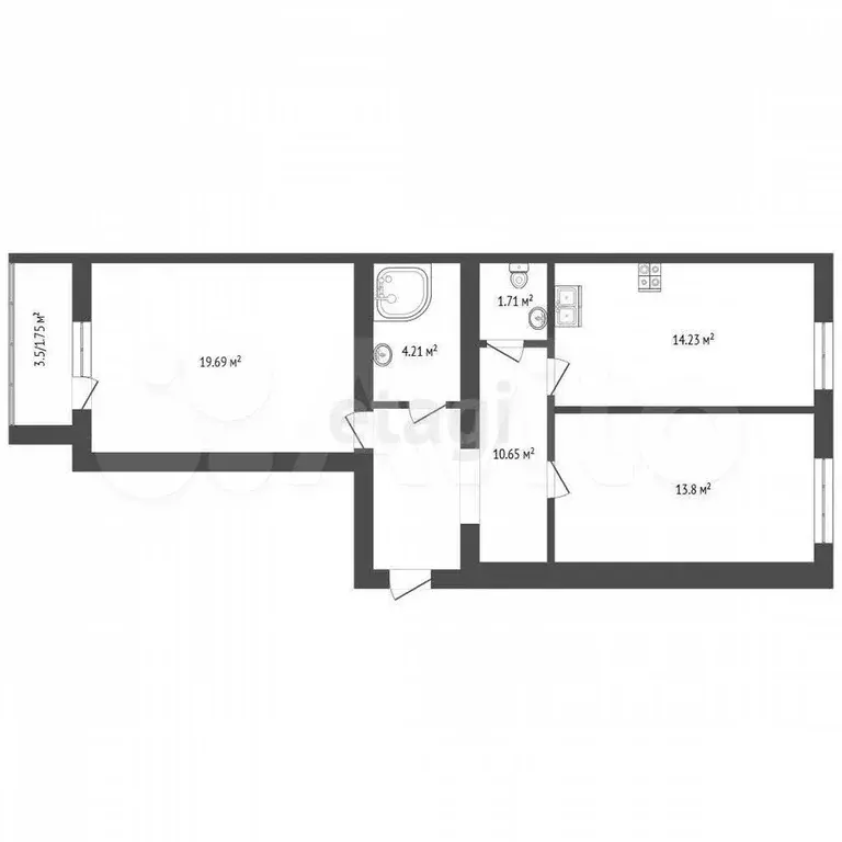 2-к. квартира, 67 м, 3/3 эт. - Фото 0