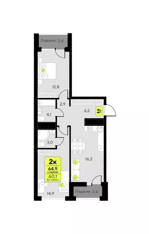 2-комнатная квартира: Тюмень, улица Андрея Приказнова, 7 (64.9 м) - Фото 1