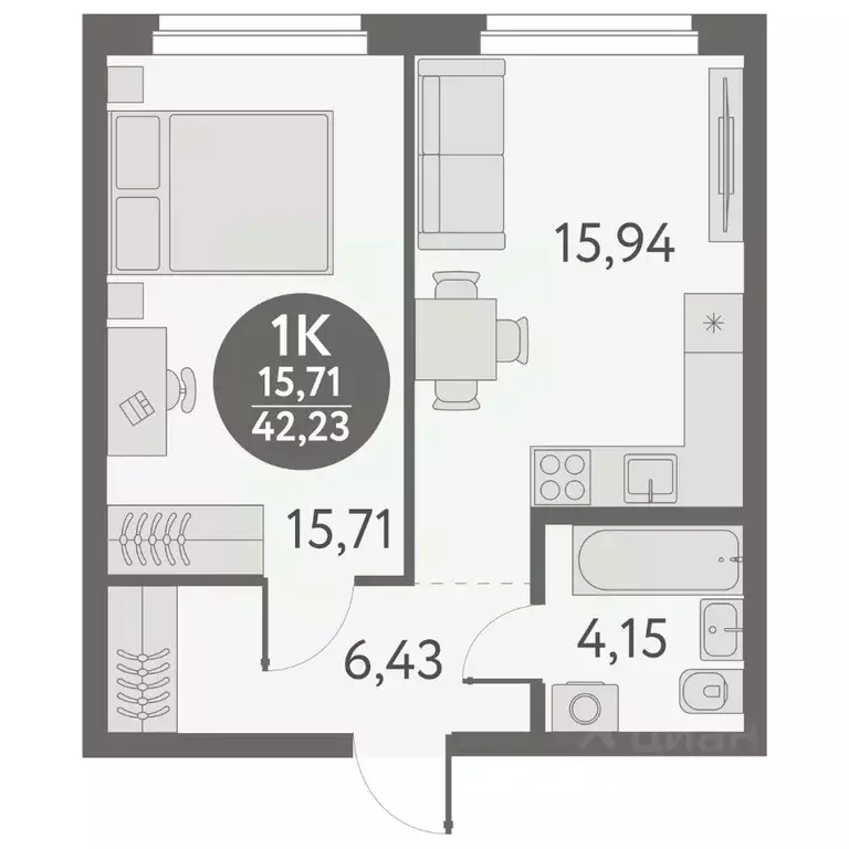1-к кв. Новосибирская область, Новосибирск ул. Титова, 253/9 (42.23 м) - Фото 0