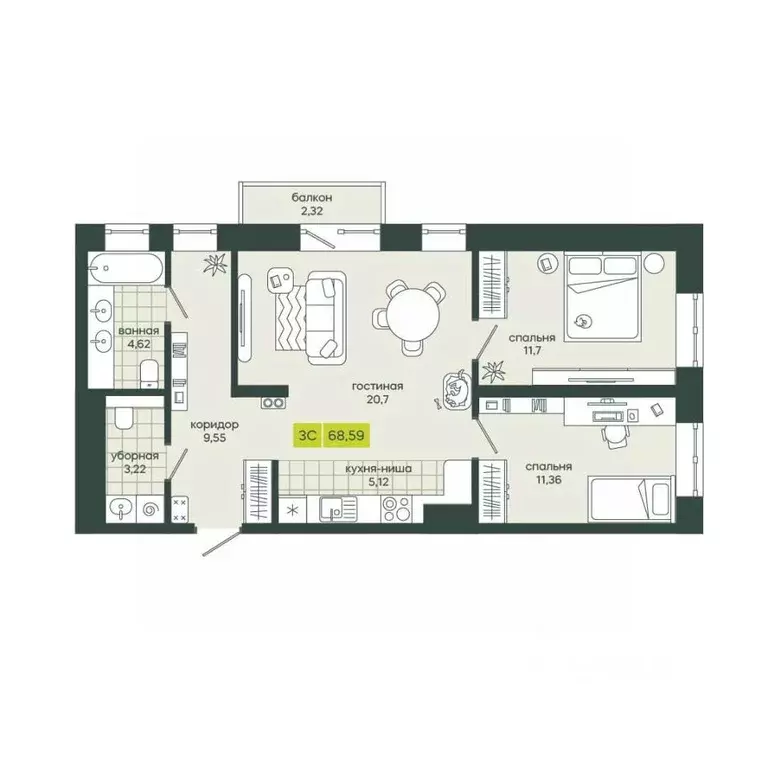 3-к кв. Новосибирская область, Новосибирск Гринвилл жилой комплекс ... - Фото 1