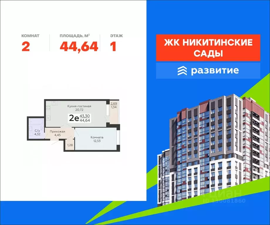 2-к кв. Воронежская область, Воронеж Никитинские сады жилой комплекс ... - Фото 1