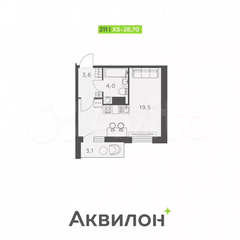 Квартира-студия, 28,7м, 6/24эт. - Фото 1