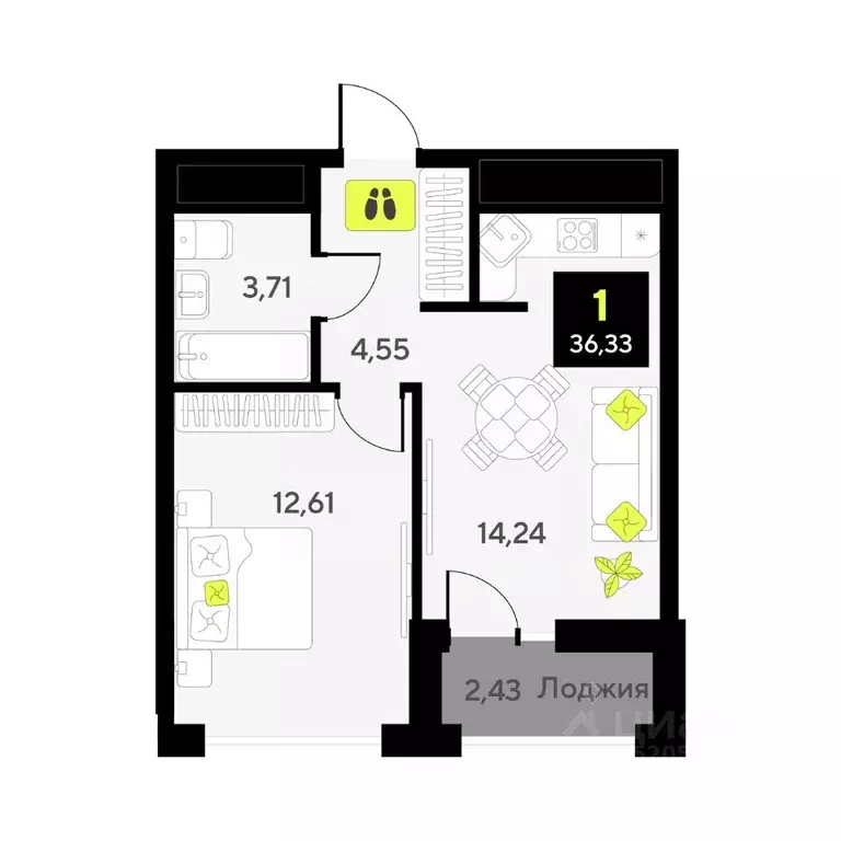 1-к кв. Тюменская область, Тюмень ул. Андрея Приказнова, 7 (36.33 м) - Фото 1
