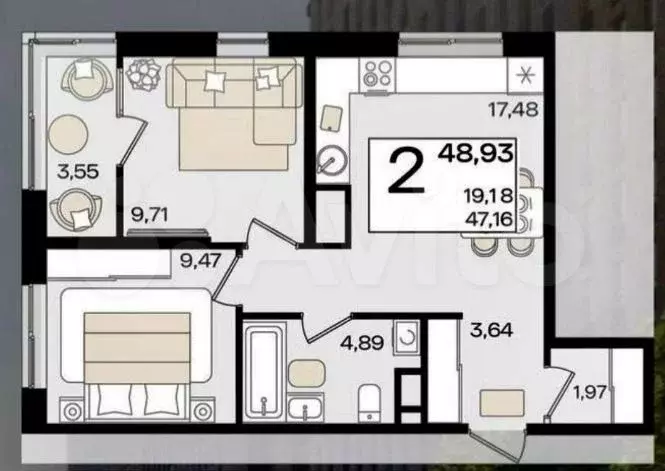 2-к. квартира, 48 м, 5/9 эт. - Фото 1