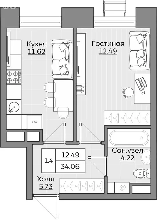 1-комнатная квартира: Казань, ЖК Батталовский (34.06 м) - Фото 0