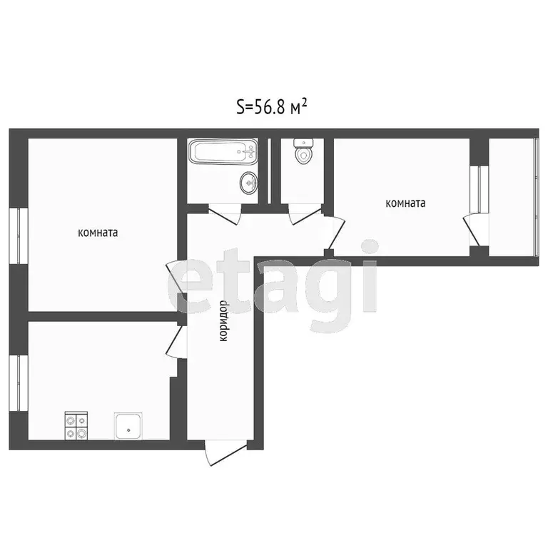 Квартира, 2 комнаты, 56.8 м - Фото 0