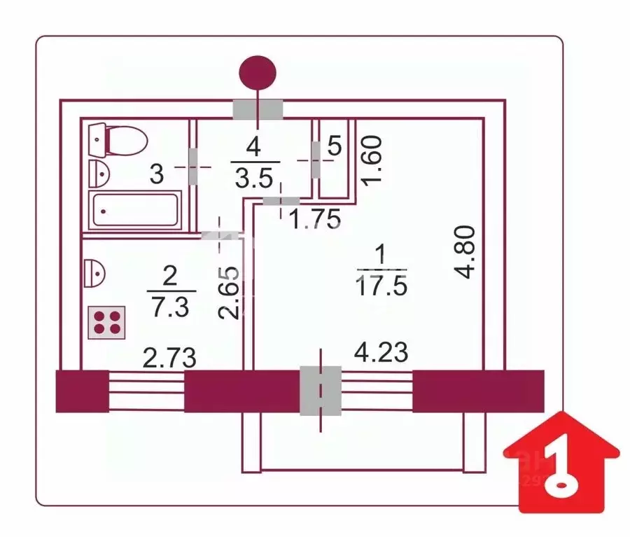 1-к кв. Омская область, Омск Мельничная ул., 89к6 (32.2 м) - Фото 2