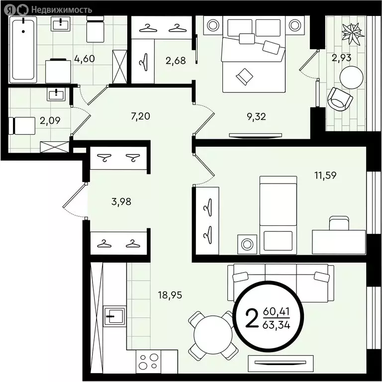 2-комнатная квартира: Тюмень, улица Александра Звягина, 5 (63.34 м) - Фото 0