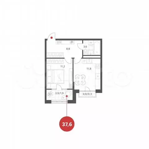 1-к. квартира, 37,6 м, 4/4 эт. - Фото 0
