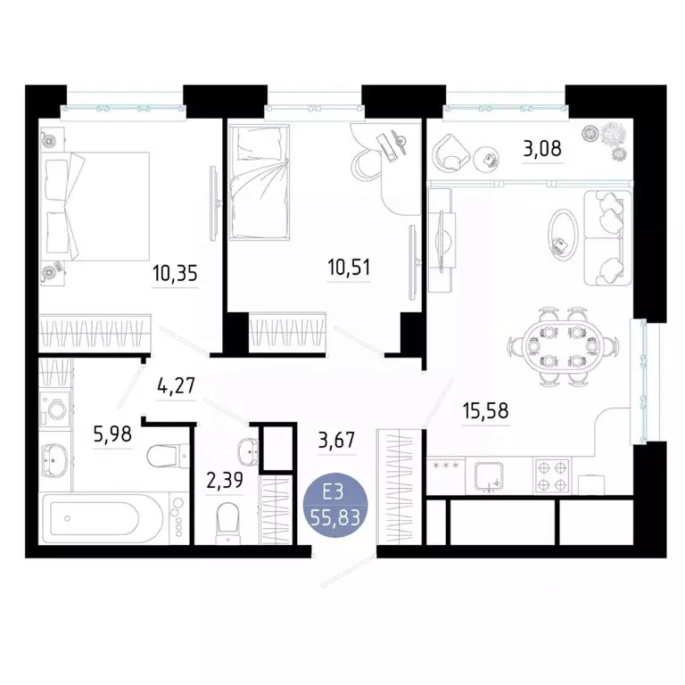 2-к кв. Рязанская область, Рязань ул. Ленинского Комсомола (55.83 м) - Фото 1