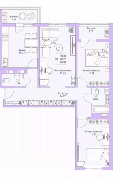 3-к кв. Татарстан, Казань ул. Александра Курынова, 10к2 (70.4 м) - Фото 2