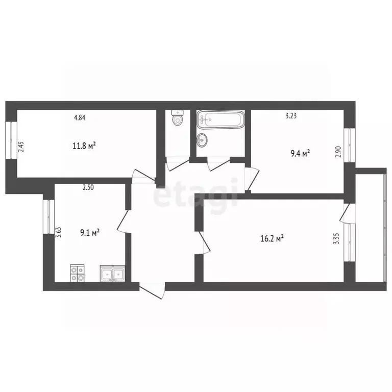 3-к кв. Белгородская область, Белгород ул. Макаренко, 6В (61.3 м) - Фото 2