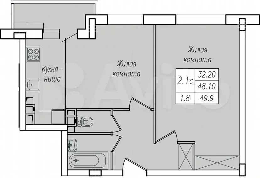 2-к. квартира, 49,9м, 8/10эт. - Фото 1