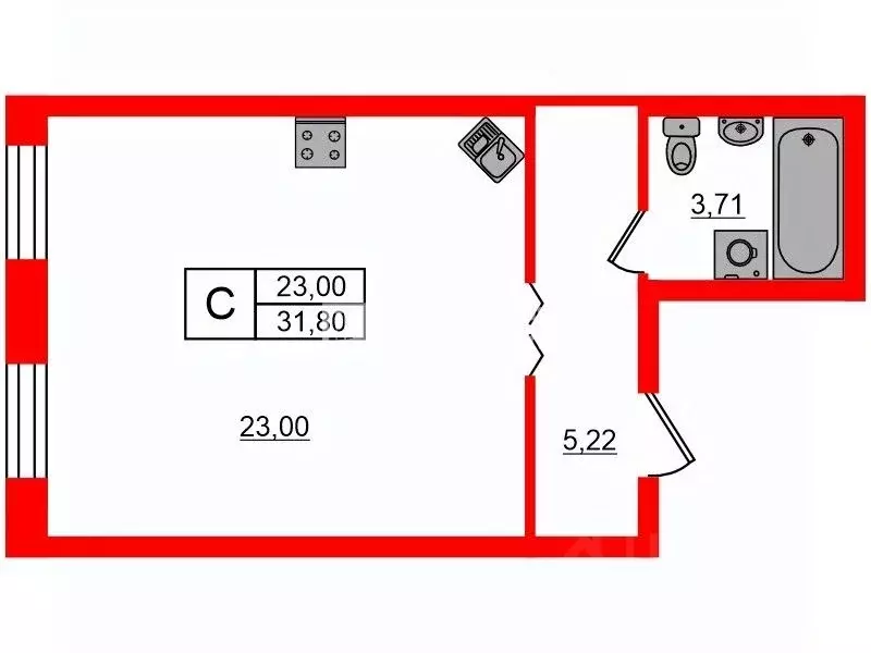 Студия Санкт-Петербург Благодатная ул., 50 (31.8 м) - Фото 1