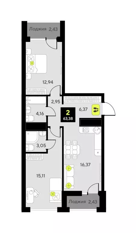2-комнатная квартира: Тюмень, улица Андрея Приказнова, 7 (60.1 м) - Фото 1