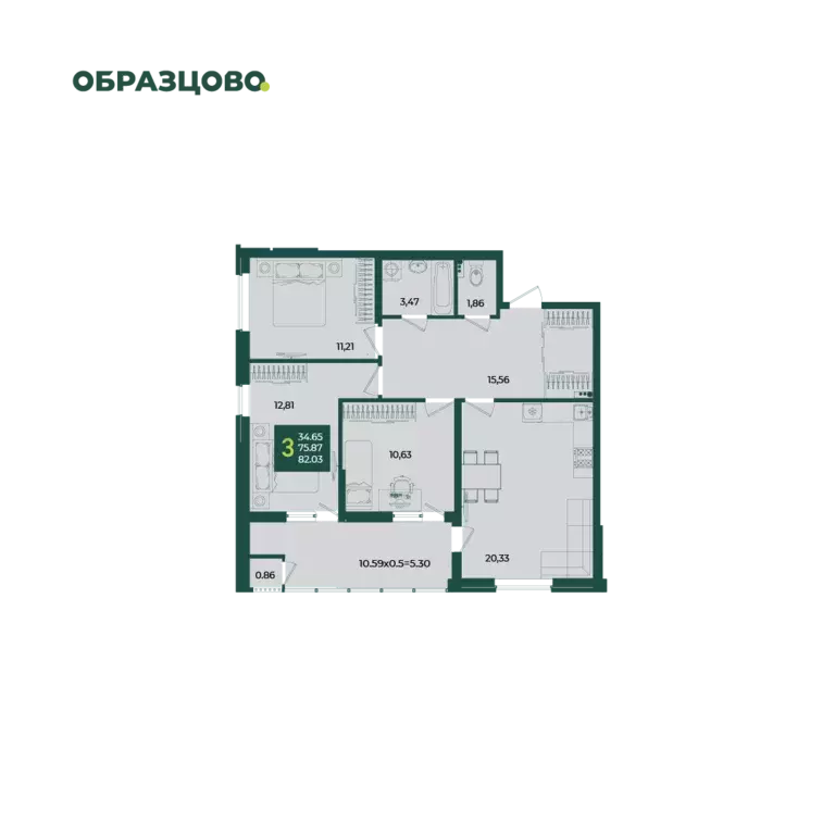 3-к квартира, 82.03 м - Фото 0