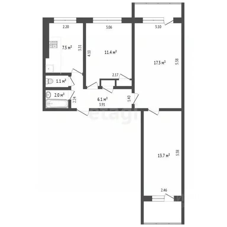 3-к кв. Алтайский край, Барнаул ул. Юрина, 301/1 (60.2 м) - Фото 2