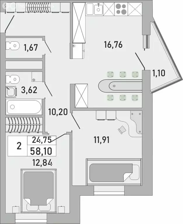 2-комнатная квартира: Уфа, Бакалинская улица, 9/1 (58.1 м) - Фото 1