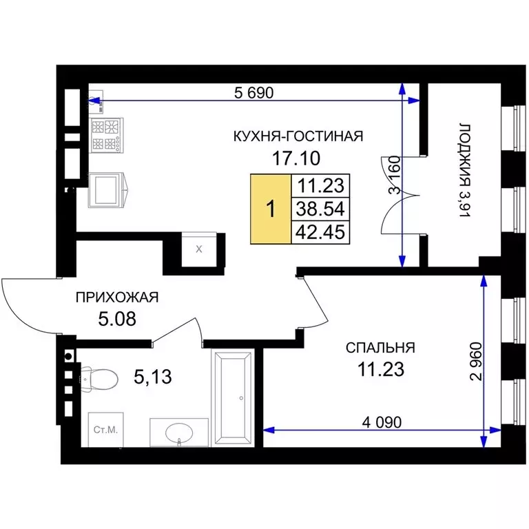 1-комнатная квартира: Гурьевск, жилой комплекс Включи (42.45 м) - Фото 0