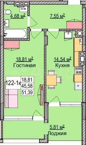 1-к. квартира, 52,5 м, 2/6 эт. - Фото 1