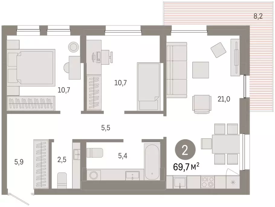 3-комнатная квартира: Тюмень, улица Республики, 205к1 (69.7 м) - Фото 2