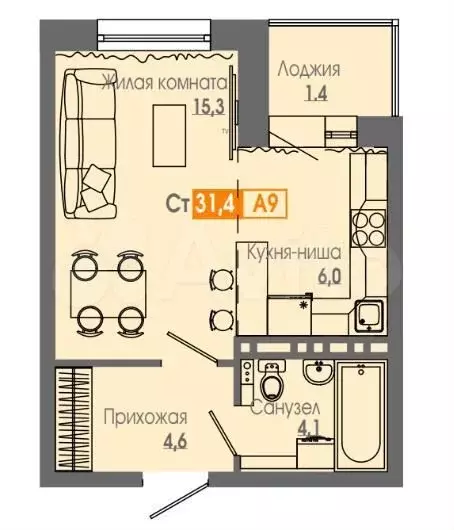 1-к. квартира, 31,4 м, 7/17 эт. - Фото 0