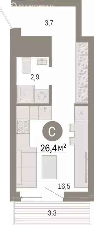 Квартира-студия: Екатеринбург, улица Войкова, 15 (26.44 м) - Фото 1