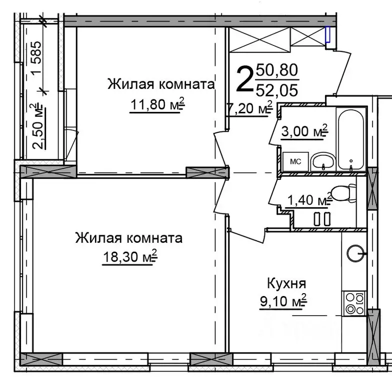 2-к кв. Нижегородская область, Нижний Новгород 52-й кв-л,  (52.05 м) - Фото 0