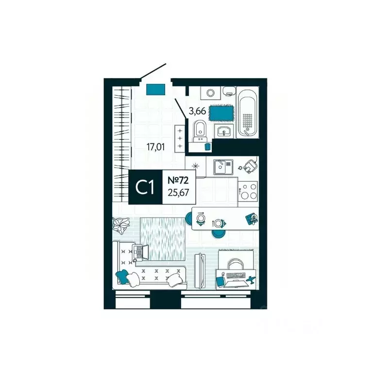 Студия Тульская область, Тула ул. Чмутова, 158Д (25.67 м) - Фото 1