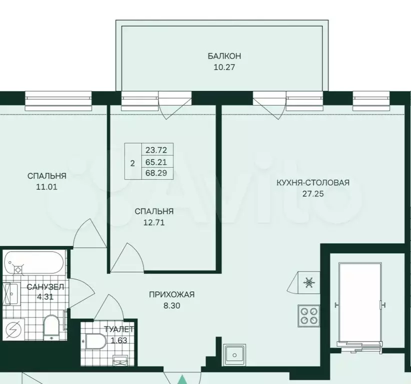 2-к. квартира, 68,9 м, 6/6 эт. - Фото 0
