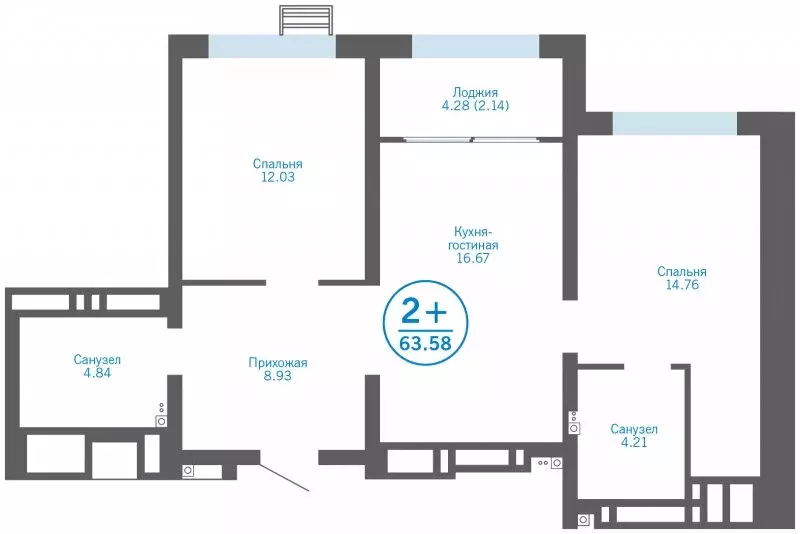 2-комнатная квартира: Тюмень, улица Пожарных и Спасателей, 1 (63.58 м) - Фото 1