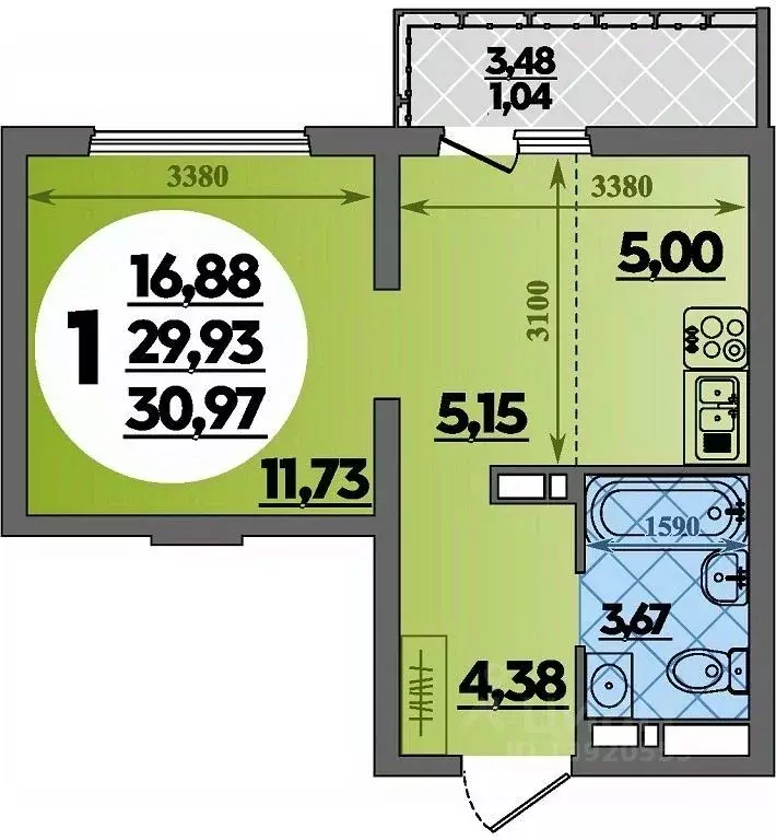 Студия Адыгея, Майкоп  (30.97 м) - Фото 1