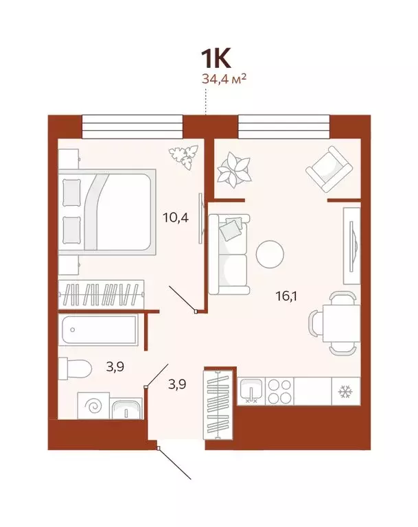 1-комнатная квартира: Тюмень, улица Новаторов, 28 (34.38 м) - Фото 0