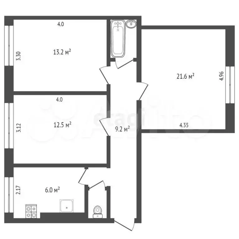 3-к. квартира, 66,8 м, 2/4 эт. - Фото 1