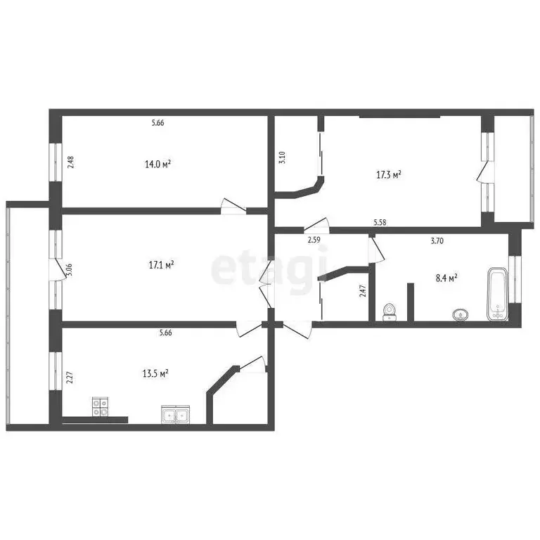 3-комнатная квартира: Челябинск, Солнечная улица, 12А (76.7 м) - Фото 1